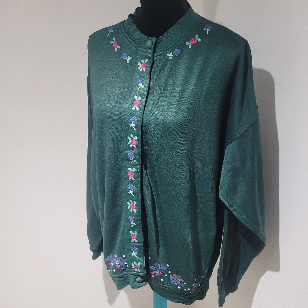 Lady Footlocker Women's 80's Vintage Floral Embroidered Cardigan Medium Green - Picture 3 of 10